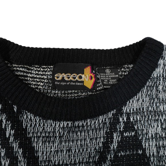 VINTAGE SASSON Mens XL Black White Gray Geometric Knit Pullover Crewneck Sweater - Picture 2 of 6